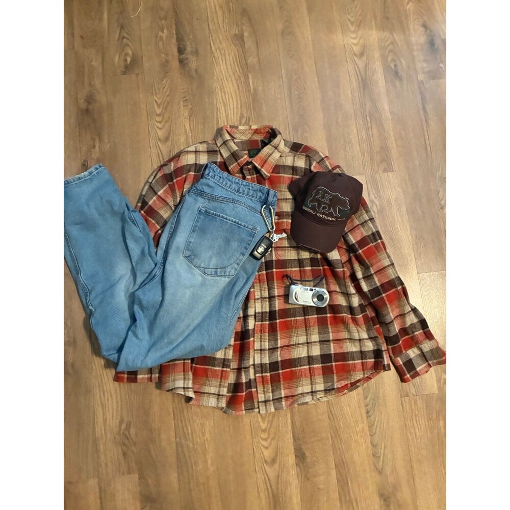 Timberland Plaid Flannel Shirt Mens XL Heavyweight Red Brown Cream Long Sleeve